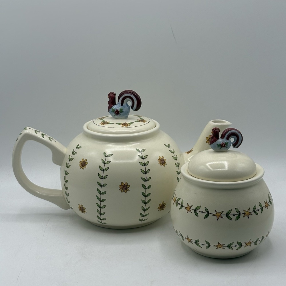 Vintage Y2K Teapot‎ & Sugar Bowl w/ Rooster Decoration Country Style Farmhouse